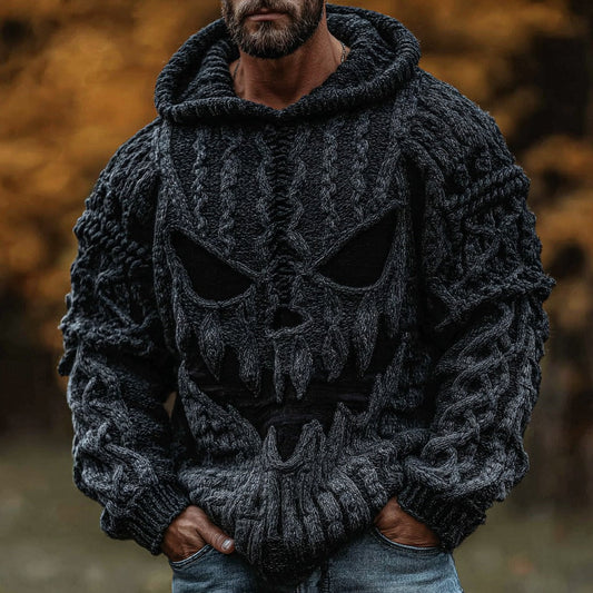 Halloween Spooky Face Gradient Cable Knit Hooded Aran Sweater elevenforest