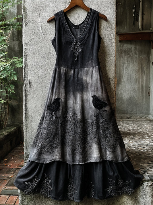 Comstylish Women's Halloween Crow Embroidered Ancient Sleeveless Dress