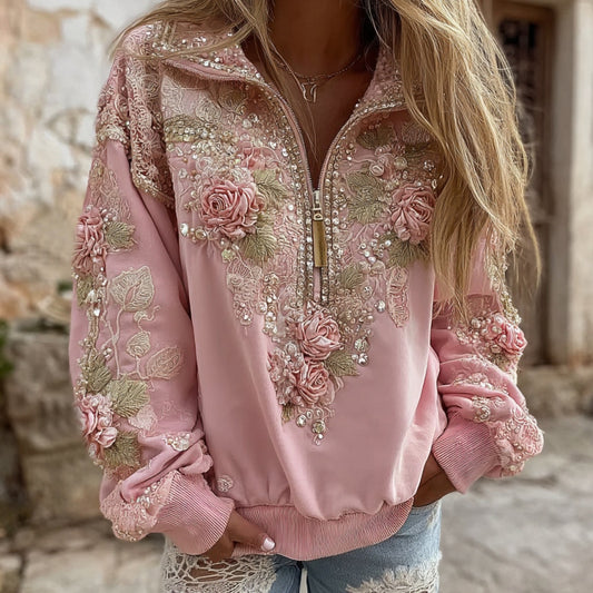 Comstylish Women's Pink Rose Embroidery Art Long Sleeve Zip Sweatshirt