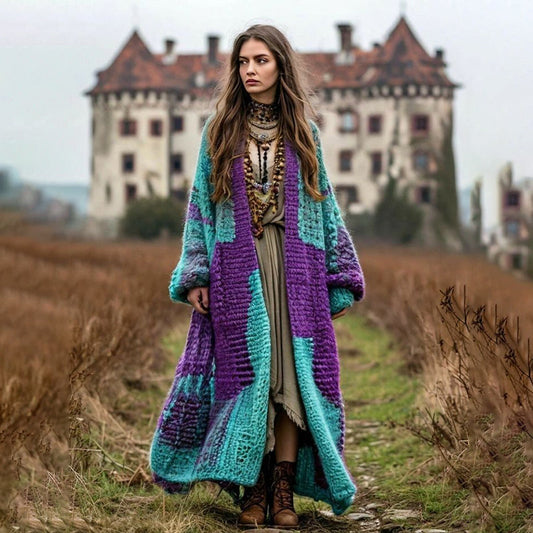 Women's Boho Geometric Contrast Color Comfortable Thick Cardigan artswardrobe