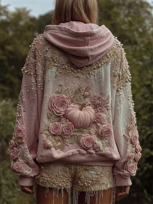 Comstylish Vintage Thanksgiving Pink Pumpkin & Roses Beaded Dyed Hoodie