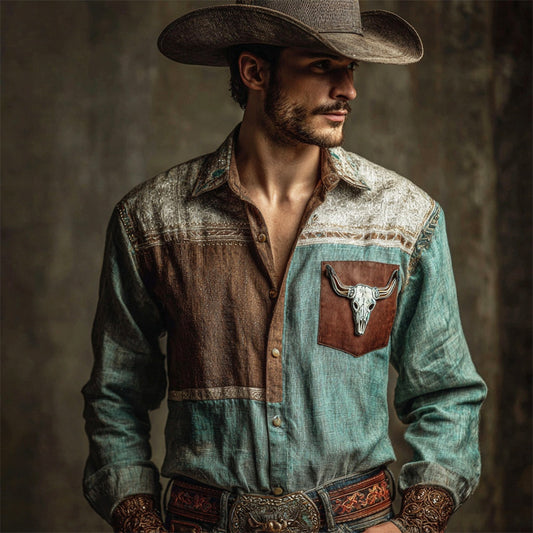 Western Bull Skull Leather Patchwork Men's Linen Long Sleeve Shirt artswardrobe
