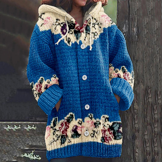 Vintage Iceland Floral Jacquard Cozy Sweater Hooded Cardigan artswardrobe