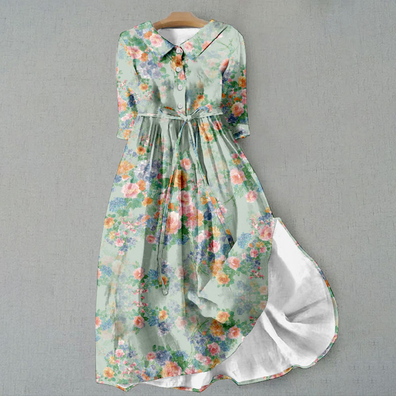 Comstylish Vintage Floral Print Waist Tie-Up Lapel Midi Dress