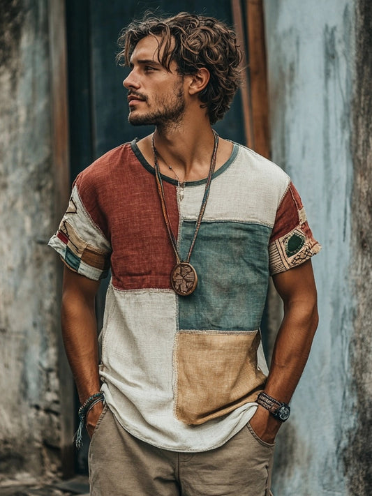 Men's Retro Patchwork Short Sleeve Linen T Shirt artswardrobe