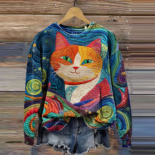 Comstylish Abstrct Cat Art Print Casual Sweatshirt