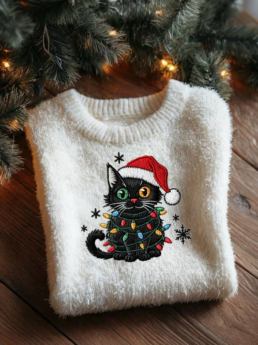 Christmas Little Black Cat Round Neck Sweater elevenforest