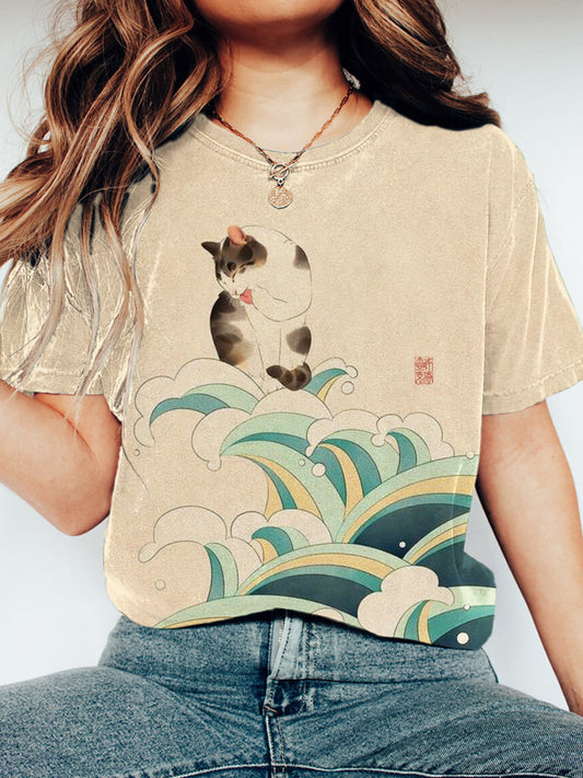 Wave & Cat Print Women's Short Sleeve T-Shirt elevenforest