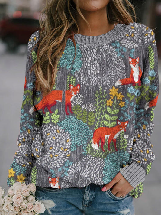 Fox in the Forest Crew Neck Cozy Knit Sweater artswardrobe