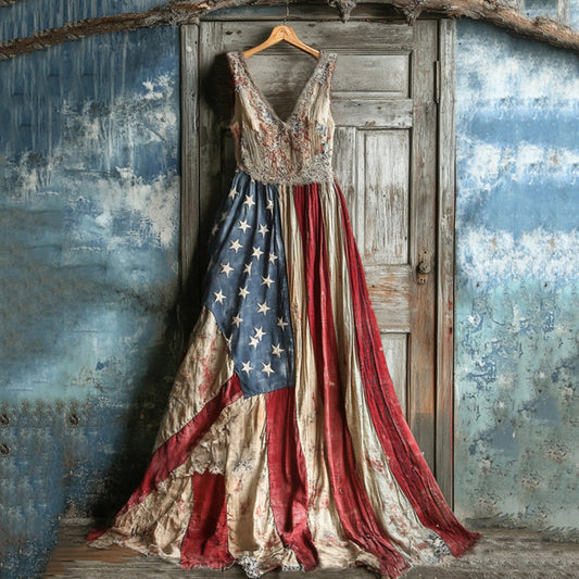 Vintage Independence Day Flag Floral Patchwork Print Comfort Dress artswardrobe