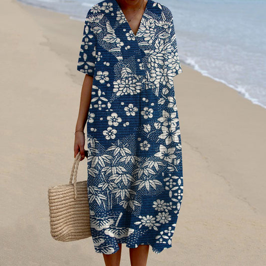 Comstylish Vintage Japanese Art Flower Print V-Neck Short Sleeve Loose Midi Dress