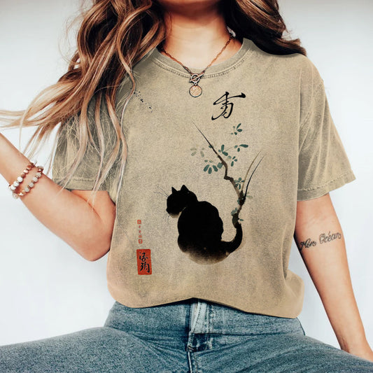 Japanese Art Cat Print Casual Cozy T-Shirt elevenforest