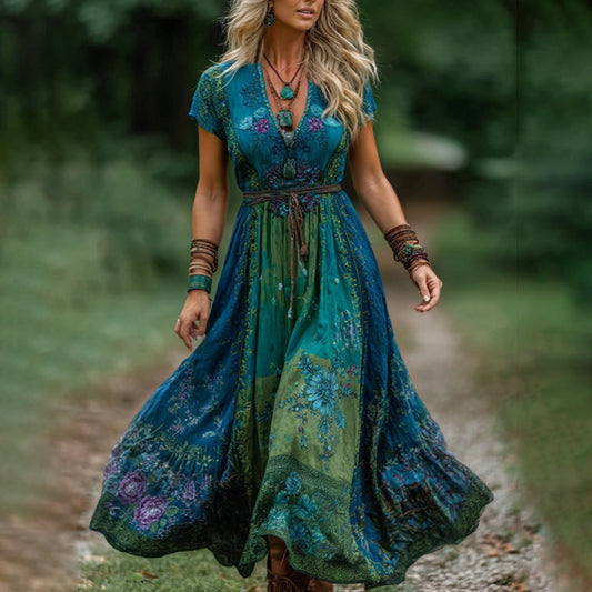 Vintage Gradient Blue Rose And Floral Embroidered Linen Maxi Dress artswardrobe