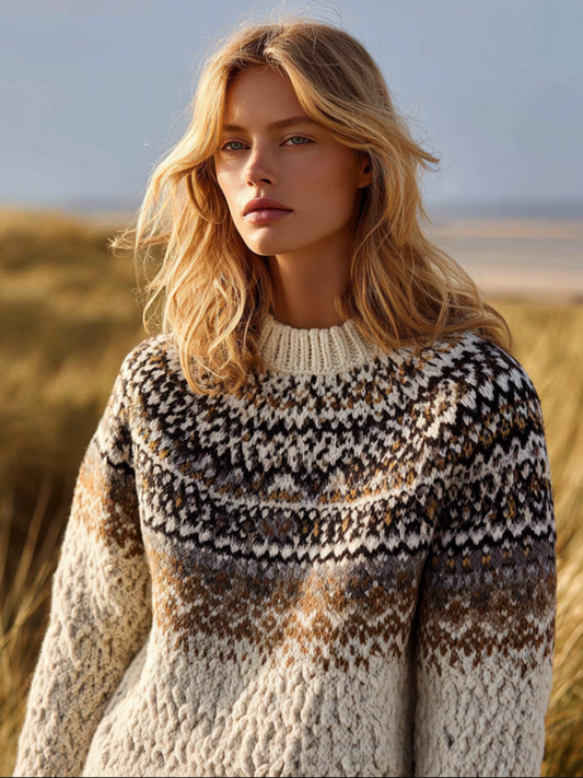 Fair Isle Style Elements Women's Round Neck Knit Sweater elevenforest