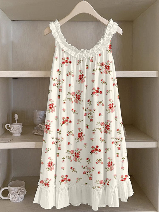 Vintage Cottagecore Floral Pattern Ruffle Trim Linen Dress artswardrobe
