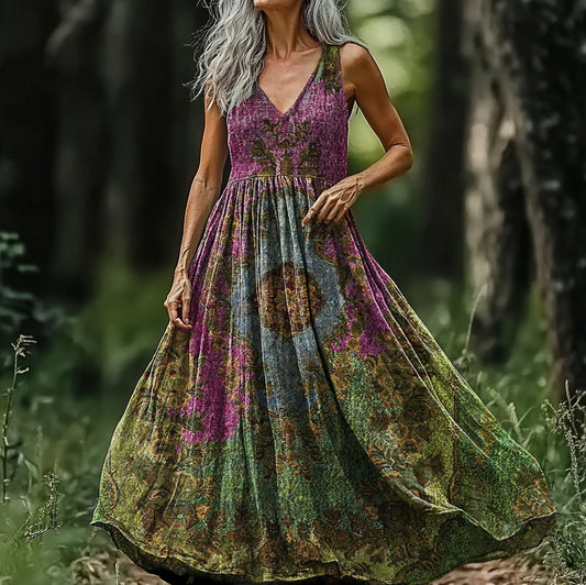 Women's Ethnic Floral V-neck Sleeveless Cotton Dress artswardrobe