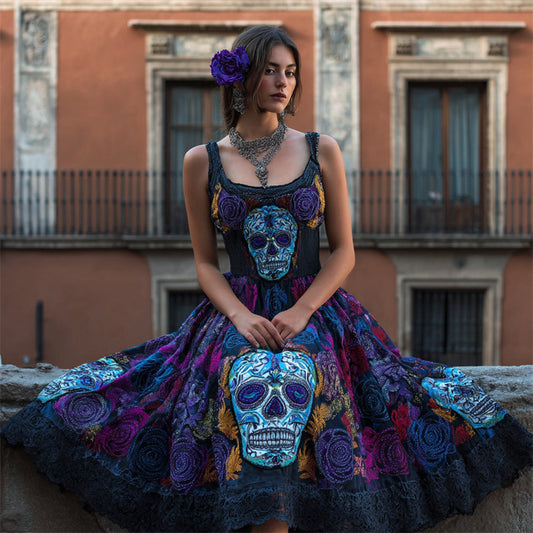 Comstylish Classy Day Of The Dead Sugar Skulls Glitter Roses Linen Maxi Dress