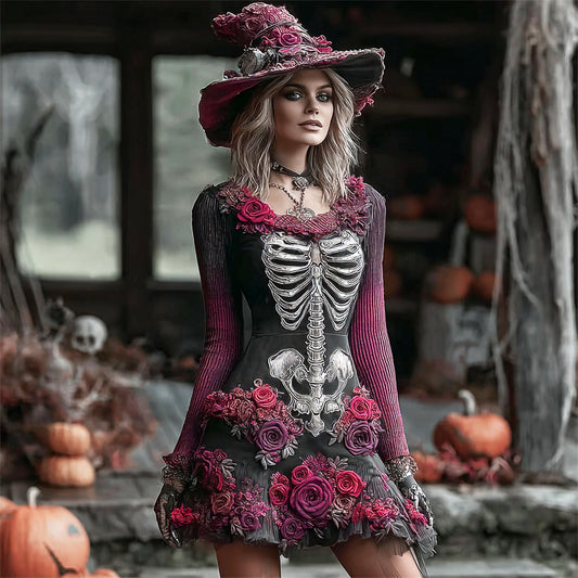 Comstylish Halloween Witch Skeleton & Floral Lady Long-sleeve Knit Mini Dress