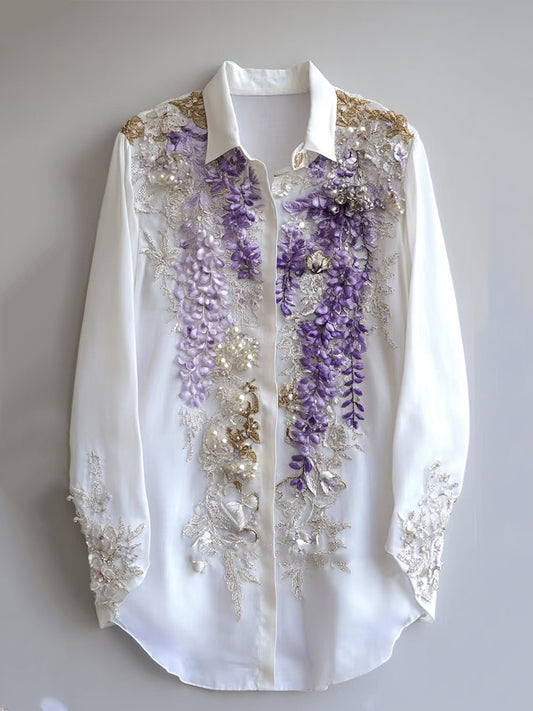Comstylish Women's Purple Floral Embroidered Art Linen Blend Shirt