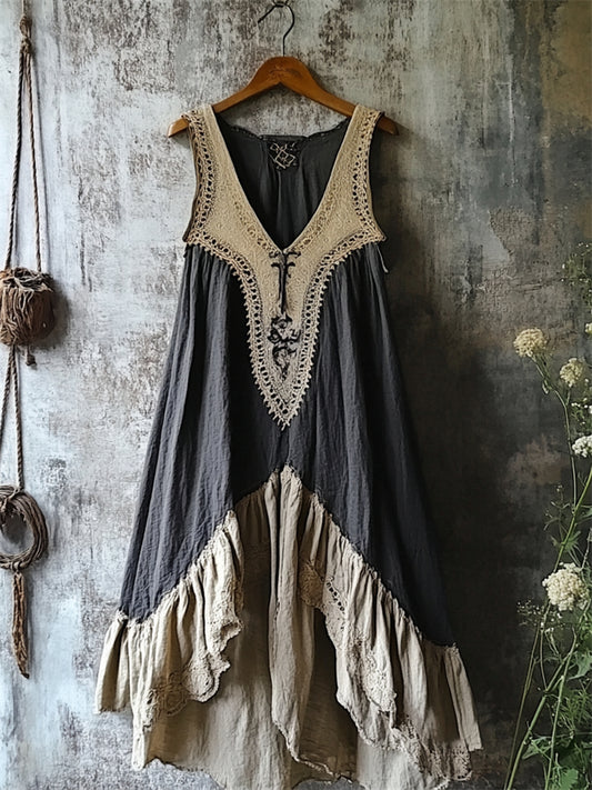 Vintage Lace Patchwork Ruffle Bottom Linen Tank Dress artswardrobe