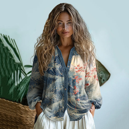 Bohemian Style Linen Blossom Waves Art Print Long Sleeve Shirt artswardrobe