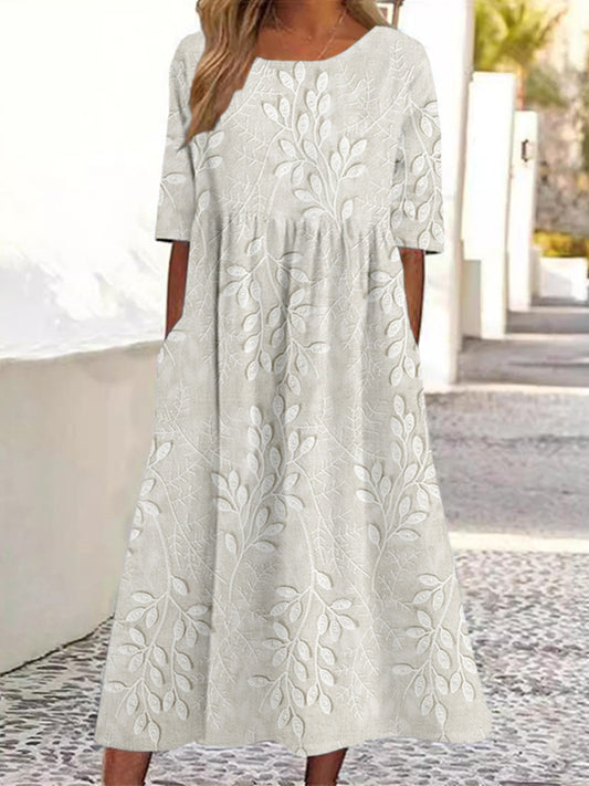 Vintage Leaves Embroidered Linen Blend Maxi Dress artswardrobe