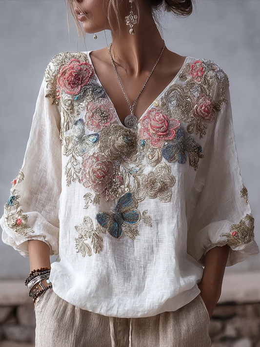 Comstylish Bohemian Style V-neck Butterfly And Flower Embroidery Cotton And Linen Short Sleeve