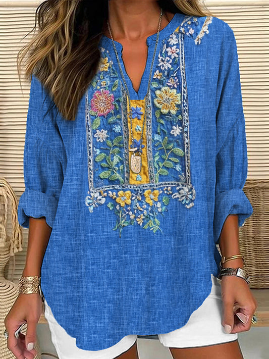 Comstylish Retro Folk Floral Embroidered Linen Blend Tunic