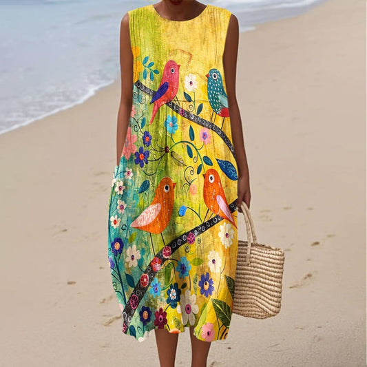 Women's Vintage Flower Bird Art Print Sleeveless Dress artswardrobe