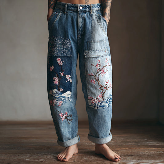 Comstylish Women's Cherry Blossom And Sea Wave Embroidery Patchwork Art Jeans
