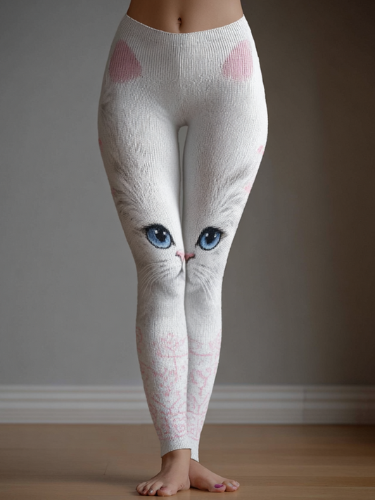 Comstylish Women's Cute Cat Knitted Tight-fitting Leggings