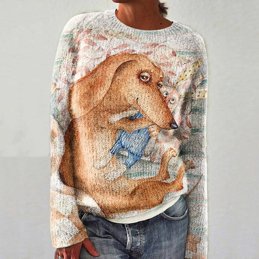 Women's Sleepy Dog Print Crew Neck Sweater artswardrobe