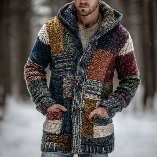 Men's Geometric Block Contrast Knit Button Hooded Sweater elevenforest