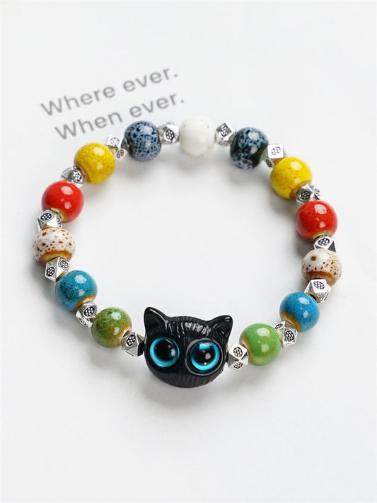 Comstylish Lovely Black Cat Colorful Ceramic Beaded Bracelet
