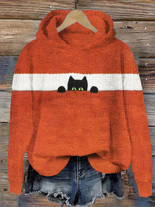 Comstylish Funny Cat Knit Women's Hooded Sweater