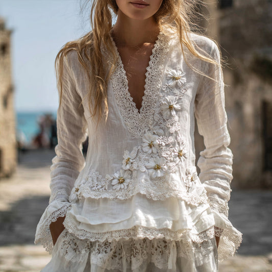 Comstylish Bohemian Vintage Pure White Daisy Top