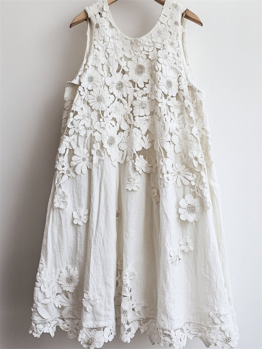 Classy 3d Floral Hollow Lace Patchwork Linen Tank Dress artswardrobe