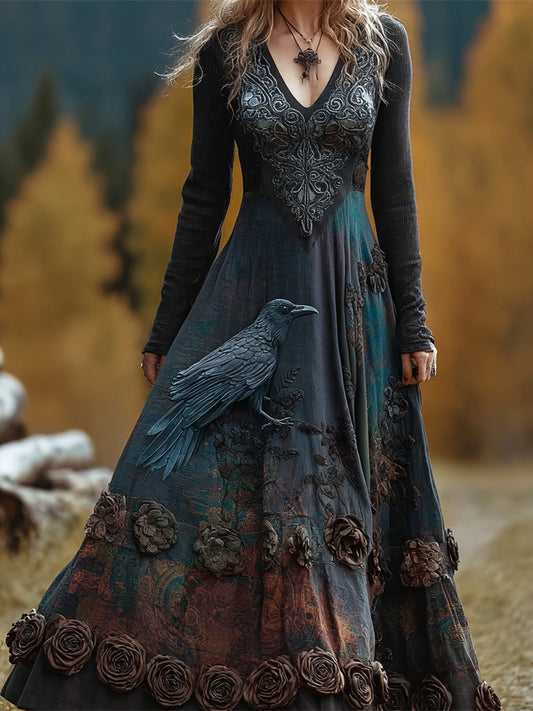Comstylish Halloween Crow & Rose Witch Art Women's V-neck Long-sleeve Maxi Dress