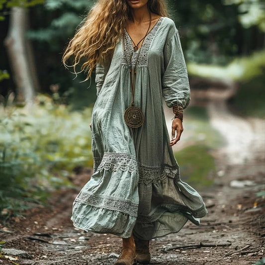 Women's Bohemian V-neck Linen Blend Ethnic Midi Dress artswardrobe