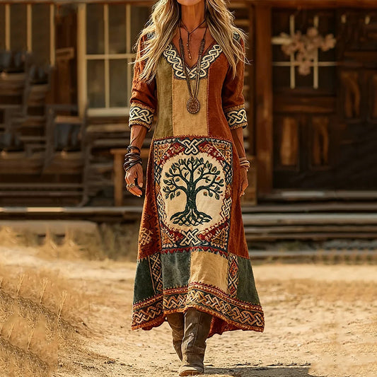 Comstylish Women's Vintage Tree Of Life Patchwork Art Print V-neck Midi Dress