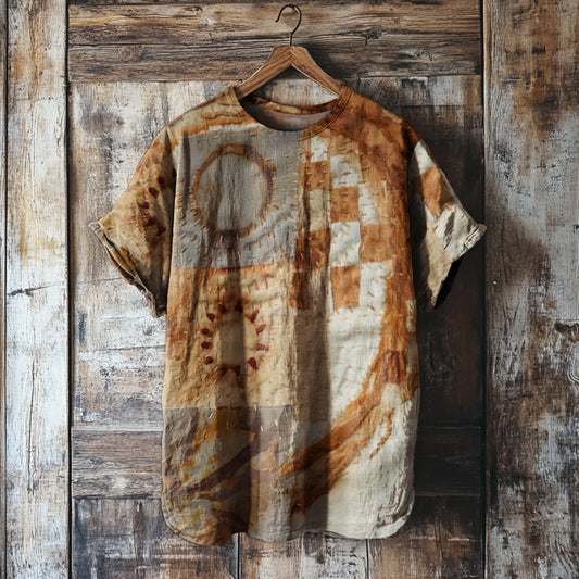 Women's Vintage Rust Dyed Art Print Round Neck Linen Blend T-shirt artswardrobe