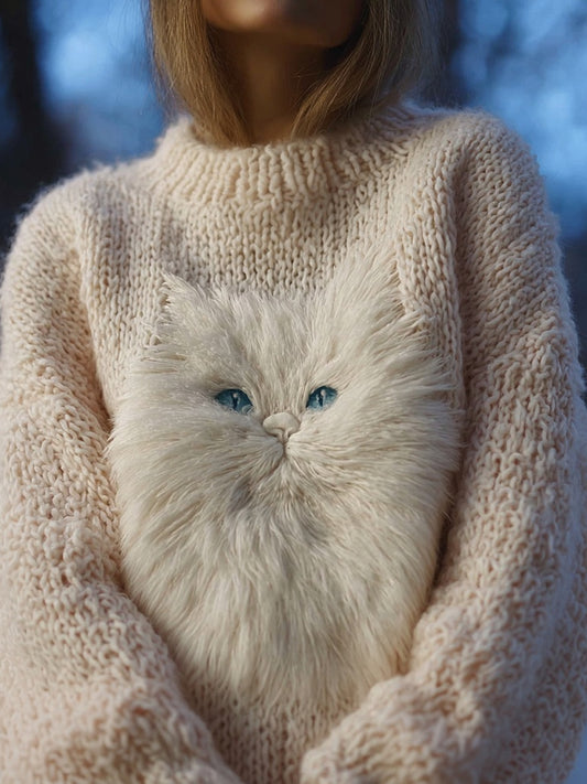 Comstylish Cute Fuzzy Cats Embroidered Cozy Knit Sweater
