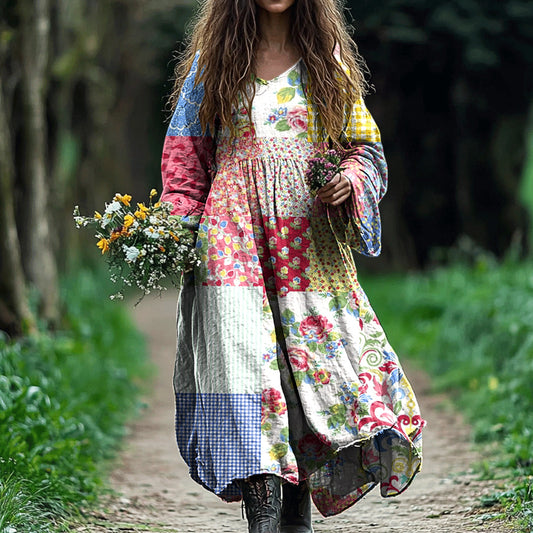 Vintage Floral Patchwork Cotton Linen Comfy Maxi Dress artswardrobe