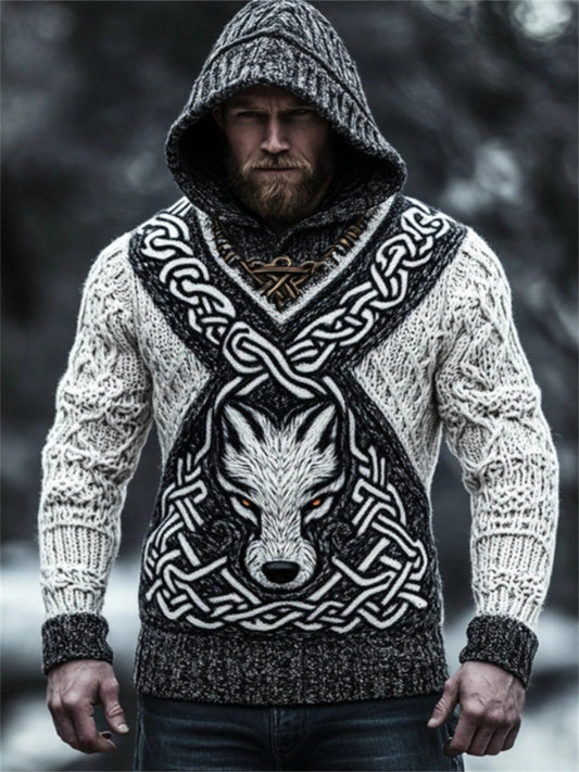 Men's Viking Wolf Celtic Contrast Cozy Chunky Hooded Sweater elevenforest