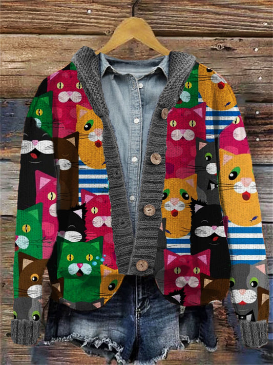 Colorful Cute Cats Embroidered Hooded Cardigan artswardrobe