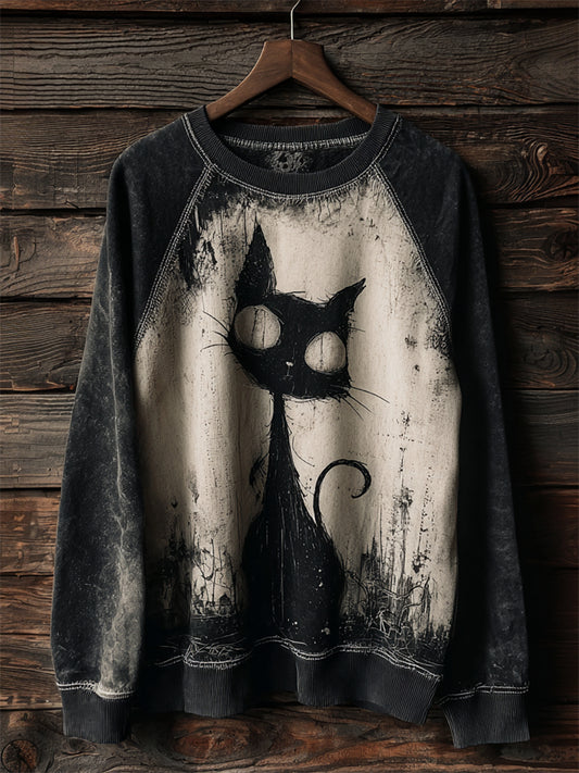Comstylish Halloween Gothic Black Cat Art Washed Raglan Sweatshirt