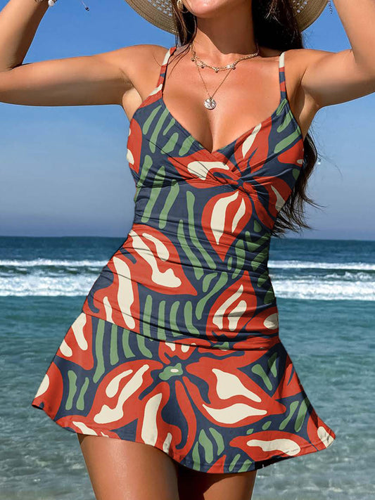 V-Neck Vintage Flowers Print Suspender Skirt Tankini Pantskirt Set Swimsuit