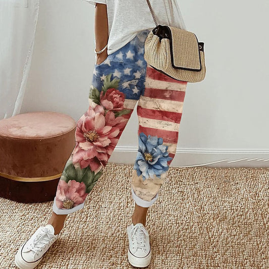 Women's Independence Day Floral Print Cotton And Linen Pocket Pants artswardrobe