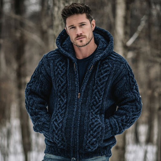Men's Vintage Fairman Island Jacquard Thick Warm Zip Hooded Sweater Cardigan elevenforest