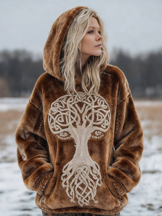 Comstylish Viking Tree Of Life Embroidered Cozy Plush Hoodie